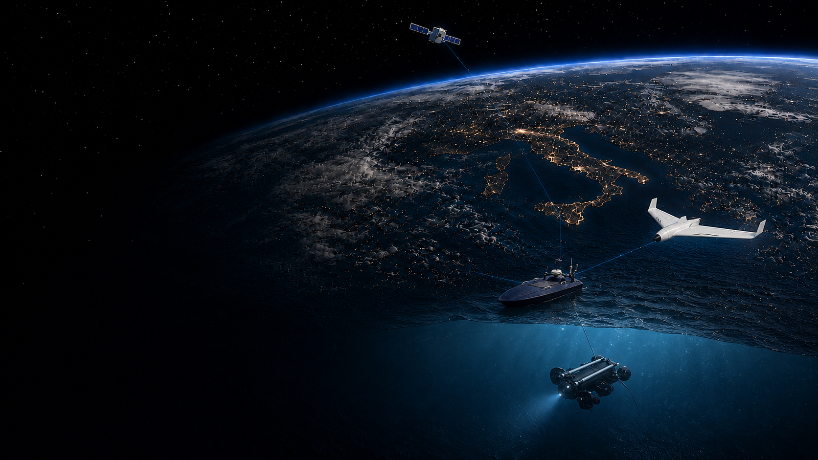 L'Italia vista dallo spazio con le piattaforme autonome H4Research collegate tra loro — satellite, drone, mezzo di superficie e ROV